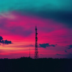 Silhouetted communication tower against vibrant pink and teal sunset sky.