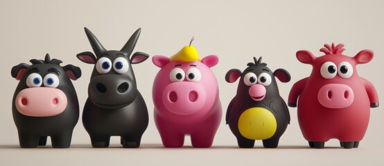 A set of charming cartoon farm animals and birds, featuring a chicken, pig, cow, and bee, isolated on a clear background, ideal for kids' content or educational illustrations.