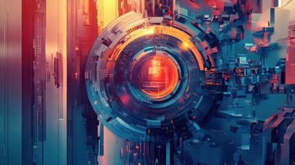 Obraz premium Abstract digital design featuring a circular focal point amidst geometric structures.