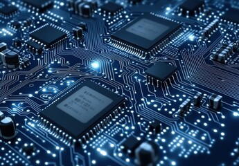 Fototapeta premium A blue computer chip with many small blue squares