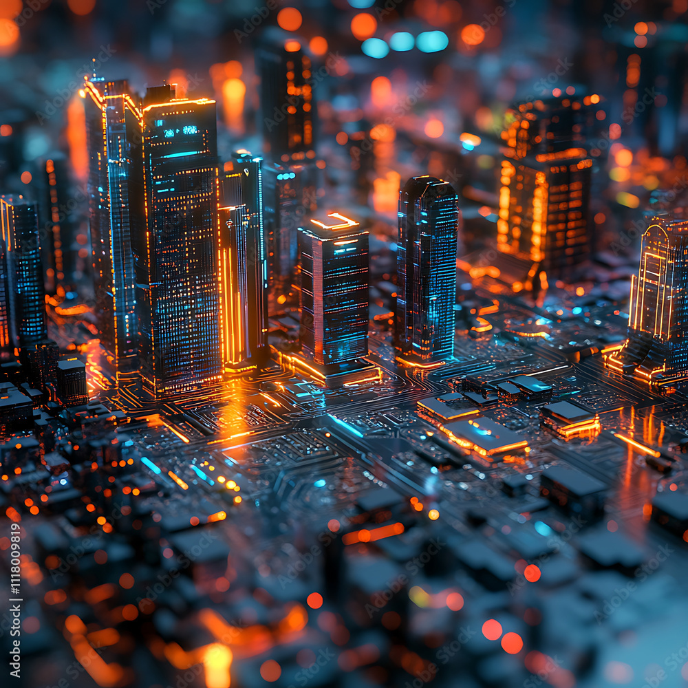 Poster futuristic cityscape illuminated by vibrant neon lights, showcasing blend of technology and architec