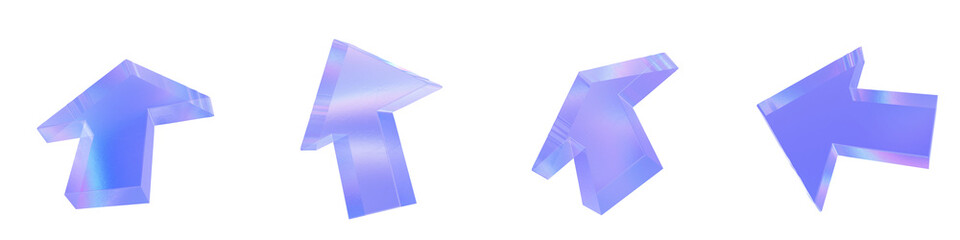 Set of 4 3d glass arrow shape with aberration effect isolated on a transparent background. Blue tone. 3d transparent elements for graphic design.