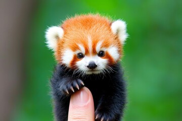 Fototapeta premium Adorable. A small baby red panda perches on a human finger, with a blurred natural habitat in the background.