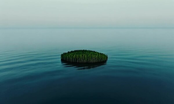Reflection of the green grass in the calm water, creating a beautiful seascape under the sunny sky
