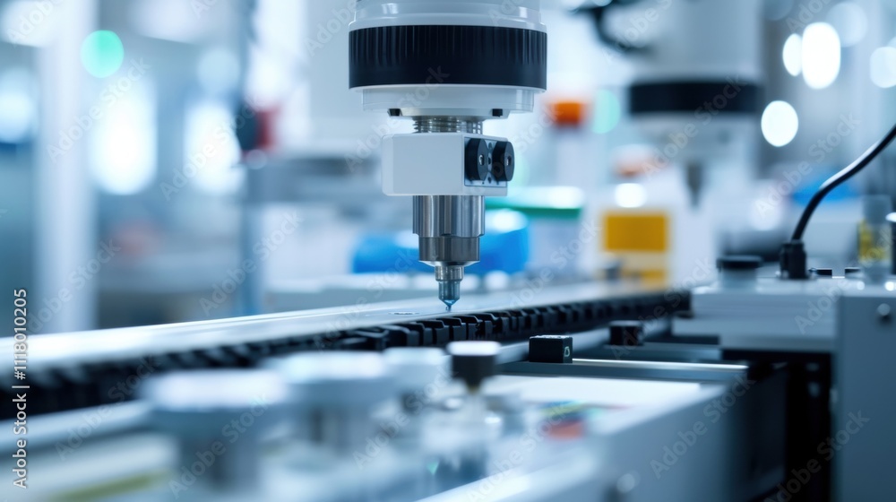 Poster automated machinery precisely applying adhesive on a production line, showcasing innovative manufact