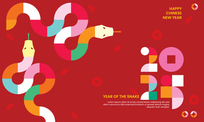 2025 Chinese new year modern art background, year of the snake banner template design with modern geometric style snakes on colourful, red background. Chinese zodiac Snake symbol