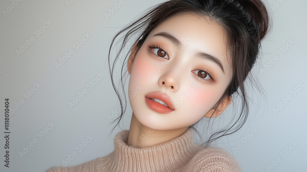 Aufkleber 美肌の若くて可愛いアジア女性モデルが笑顔でカメラを見つめている。美容・ファッションポートレート。