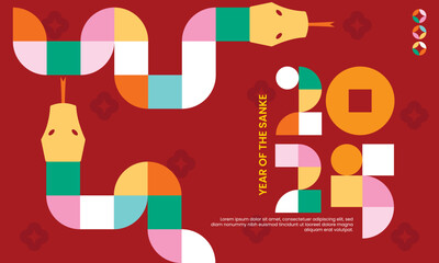 2025 Chinese new year modern art background, year of the snake banner template design with modern geometric style snakes on colourful, red background. Chinese zodiac Snake symbol