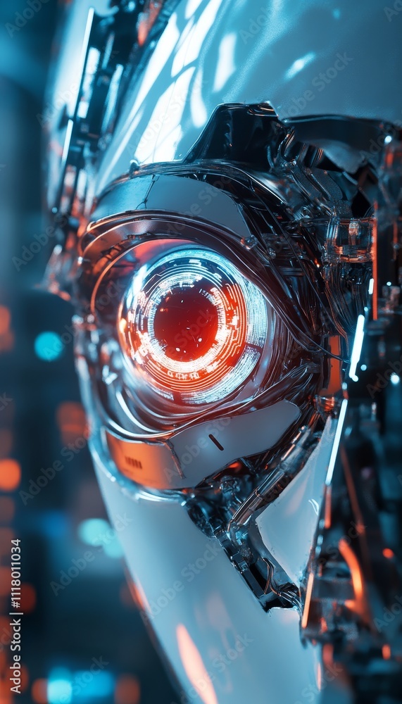 Poster futuristic cybernetic vision of an ai robot eye in a dark and advanced technological environment