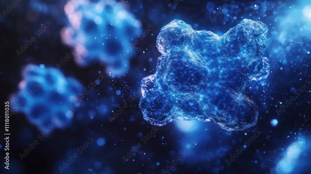 Poster abstract representation of molecular structures in a scientific context.