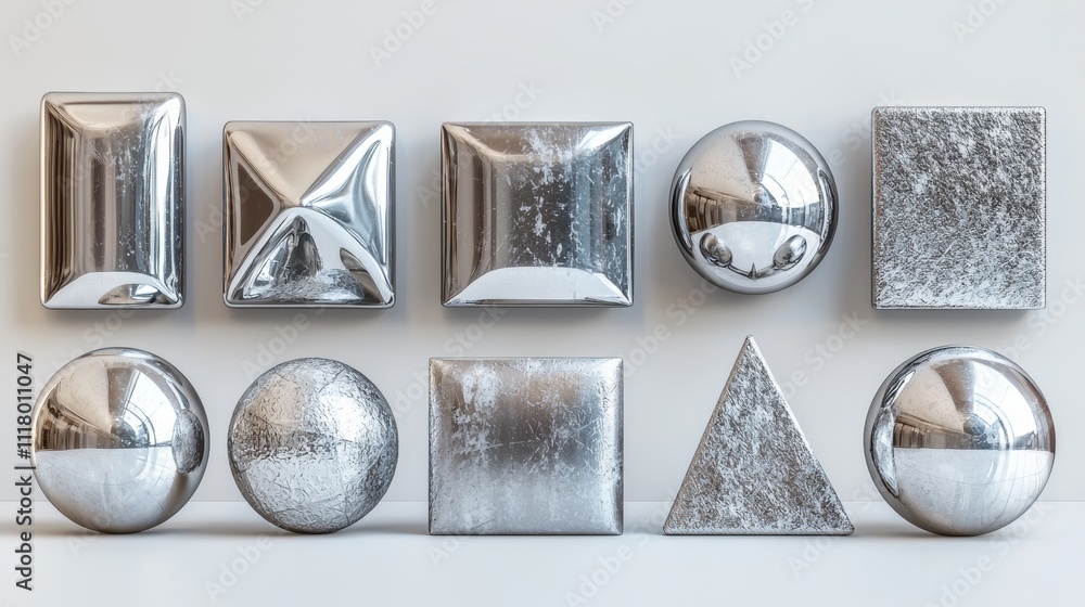 Poster a contemporary 3d render of chrome objects with a y2k theme, highlighting fashionable metallic eleme