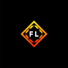 FL initials dynamic geometric logo design features a bold lettering sign in an orange and black color scheme, displayed against a dark background
