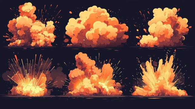 An explosion sprite sheet illustrating an explosive sequence. Modern 2D animation of dynamite or rocket explosion on a black background.