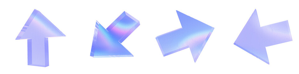 Set of 4 3d glass arrow shape with aberration effect isolated on a transparent background. Blue tone. 3d transparent elements for graphic design.