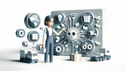3D Businesswoman overseeing AI driven sustainable supply chain in candid setting copy space concept as A businesswoman oversees an AI driven sustainable supply chain in a candid setting highlighting t