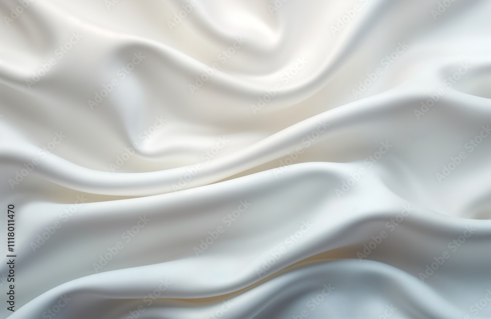 Poster Smooth flowing white satin fabric texture. Softly draped, elegantly arranged. Panoramic view. Elegant abstract design. Suitable for background wallpaper. High quality image shows soft subtle shades