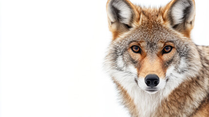 Fototapeta premium Majestic coyote stands against a pristine white background, highlighting its sharp features and intense gaze.