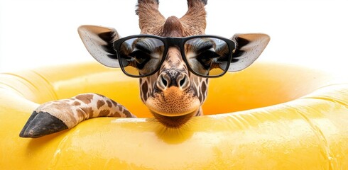 A giraffe wearing sunglasses on a yellow pool float, isolated - stock PNG.