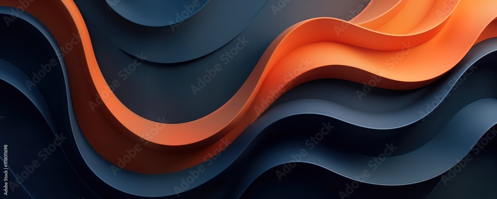 Poster abstract 3d design with wavy orange, dark blue shapes. modern design background with flowing forms. 
