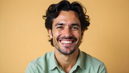 Obraz premium A cheerful Hispanic man smiling with his teeth showing on a simple beige background