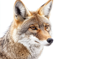 Fototapeta premium Close-up of a coyote with alert eyes and sharp ears, set against a stark white background, showcasing its detailed fur and keen expression.