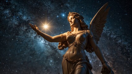 Statue of Astraea, the goddess of the stars, holding a shining star, with a backdrop of a starlit sky and a mystical galaxy, carvings illustrating her divine mission as a celestial messenger.