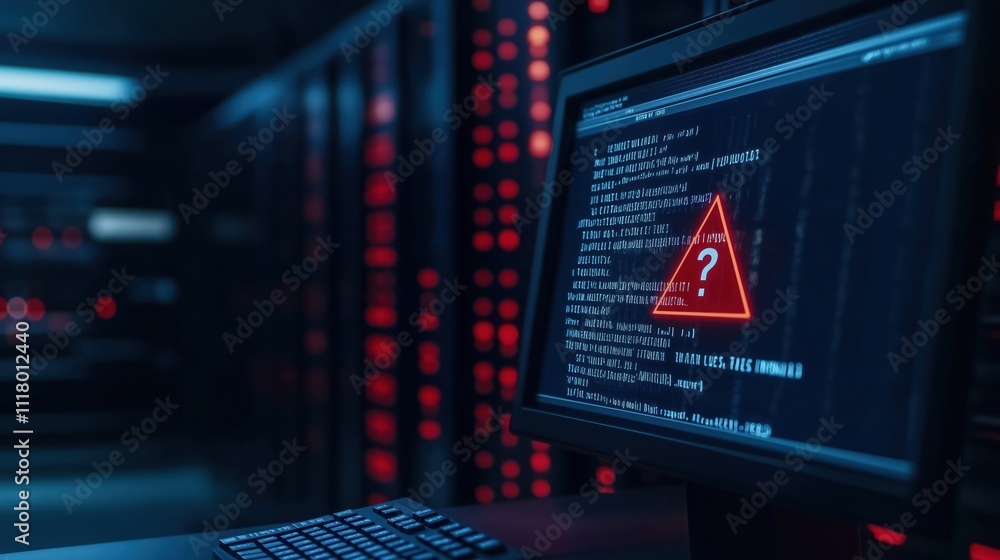 Poster server room dimly lit. computer screen shows cybersecurity alert. red warning triangle, question mar