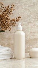 Bottled Conditioner on Bathroom Counter Surrounded by Towel and Soap with Decorative Plant in Soft Lighting