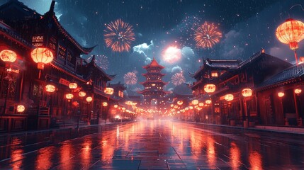 On a Chinese New Year night, neon lights, lanterns, and festival fireworks brighten a Vietnamese New Year street, enhancing the holiday decorations along the road.