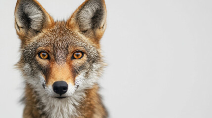 Fototapeta premium Close-up portrait of a fox with striking orange eyes and a soft fur coat against a simple white background.
