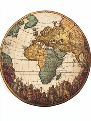 Antique world map, figures, aged paper.