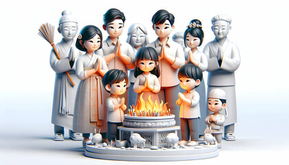 3D Candid Family Performing Charye (Ancestor Memorial Ritual) concept as A family performing charye the traditional ancestor memorial ritual during Seollal capturing respect and cultural heritage symb