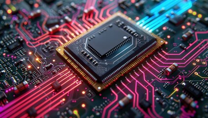 A computer chip is shown in a colorful, neon background