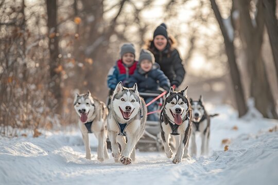 Family adventure  parents and kids enjoy dog sledding through a snowy forest with huskies