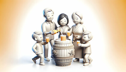 Naklejka premium 3D Candid Family Sharing Hangover (Traditional Seollal Drink) concept as A family sharing hangover traditional Seollal drink during festive celebration capturing moments of bonding and cultural tradit