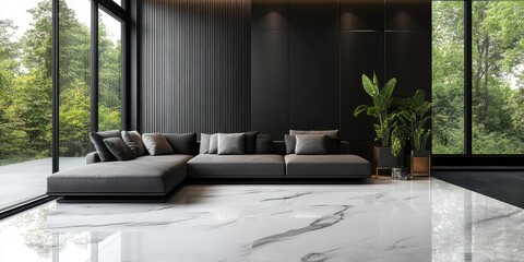 Elegant modern living space with large windows and serene nature view showcasing minimalist design and natural light