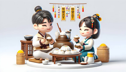 3D Candid Family Sharing Rice Cakes and Tea on Seollal concept as A family sharing rice cakes and tea together during Seollal capturing moments of tradition and relaxation symbolizing harmony culture 