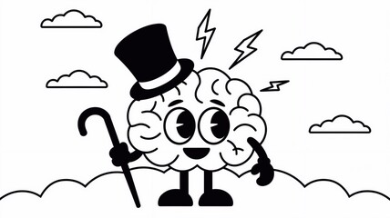 Black and White Vector Illustration of a Cute Brain Cartoon Characte Generative aI
