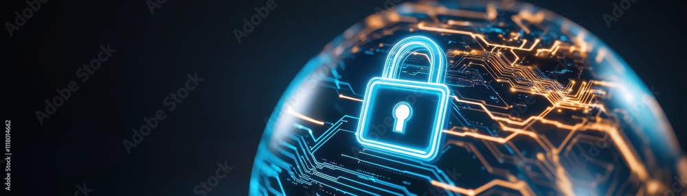 Poster a digital globe featuring a secure lock symbol, representing cybersecurity and data protection in a 