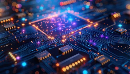 Obraz premium A computer chip with blue and pink lights