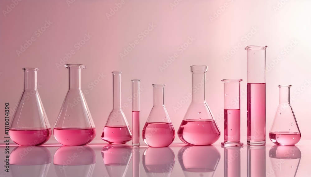 Poster pink lab equipment, glassware arranged on reflective surface. modern tech labware with pink liquids 