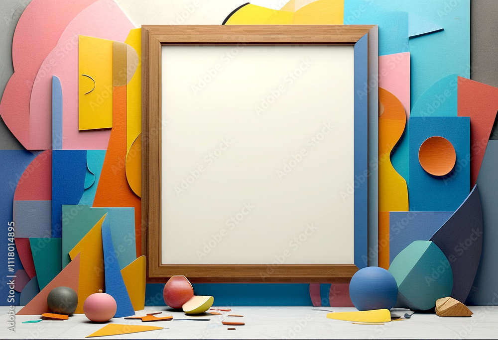 Aufkleber creative display of colorful shapes and an empty frame for artistic inspiration
