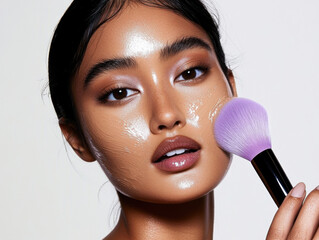 A young Asian woman using a brush to apply makeup, Professionally contouring her face make-up, Make up for a woman's face, A young beautiful woman applying makeup