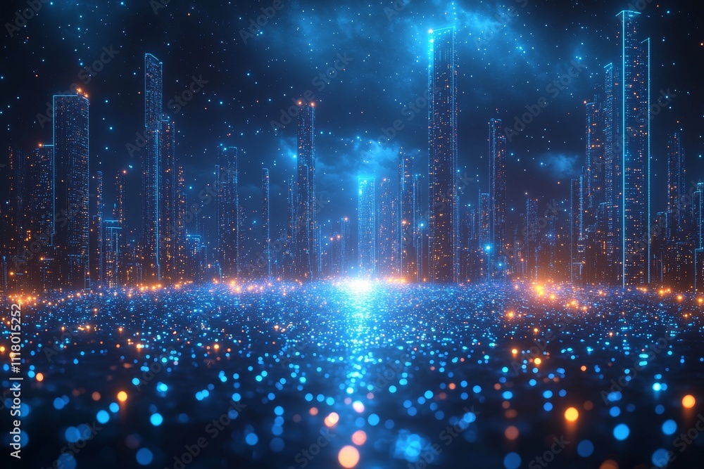 Poster a decorative background with a futuristic theme, illuminated by neon lights and a grid pattern, styl