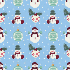 Hand drawn vector Christmas seamless pattern. Gift box, Santa Claus, snowman, Christmas ornaments.