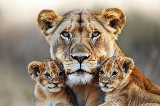 A lioness tenderly gazes at the camera with her two adorable cubs by her side.