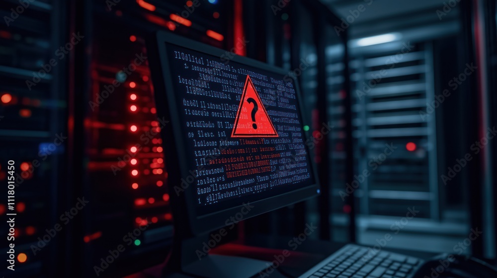 Poster server room displays cybersecurity alert. dimly lit server room with computer screen showing warning
