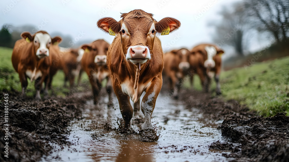 Poster a group of brown cows walks through a muddy path on a cloudy day, splashing water and mud as they mo