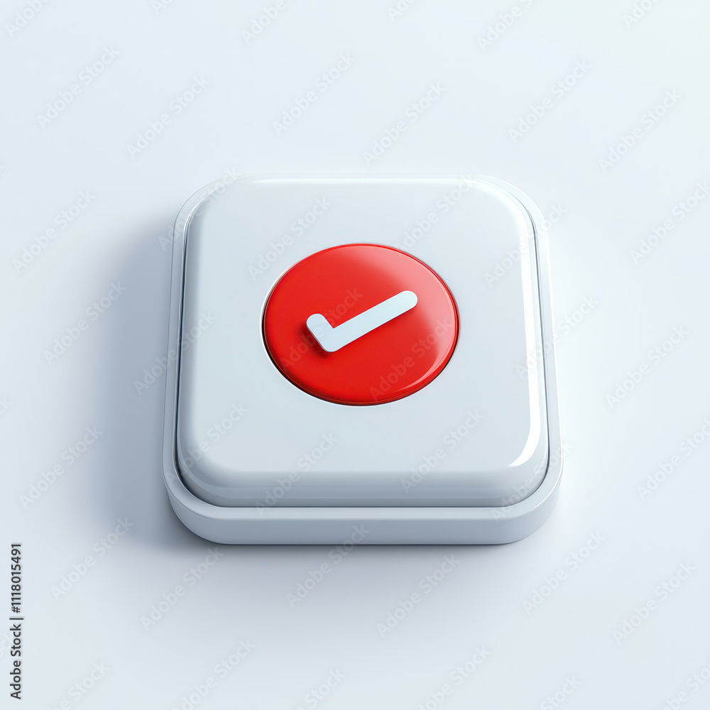 Poster a modern check mark button in red and white for user interface design. isolated on white background.