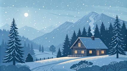 Winter Landscape with Cozy Cabin and Snowy Mountains